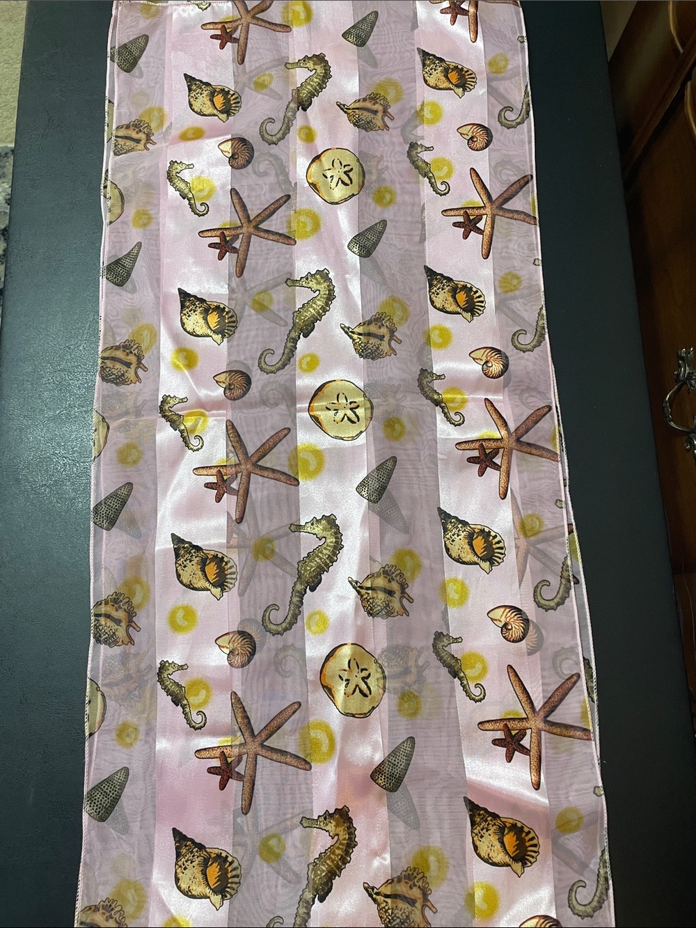 Seashell Pattern Pink Silky Table Runner or scarf approx 58x13 NWOT very pretty